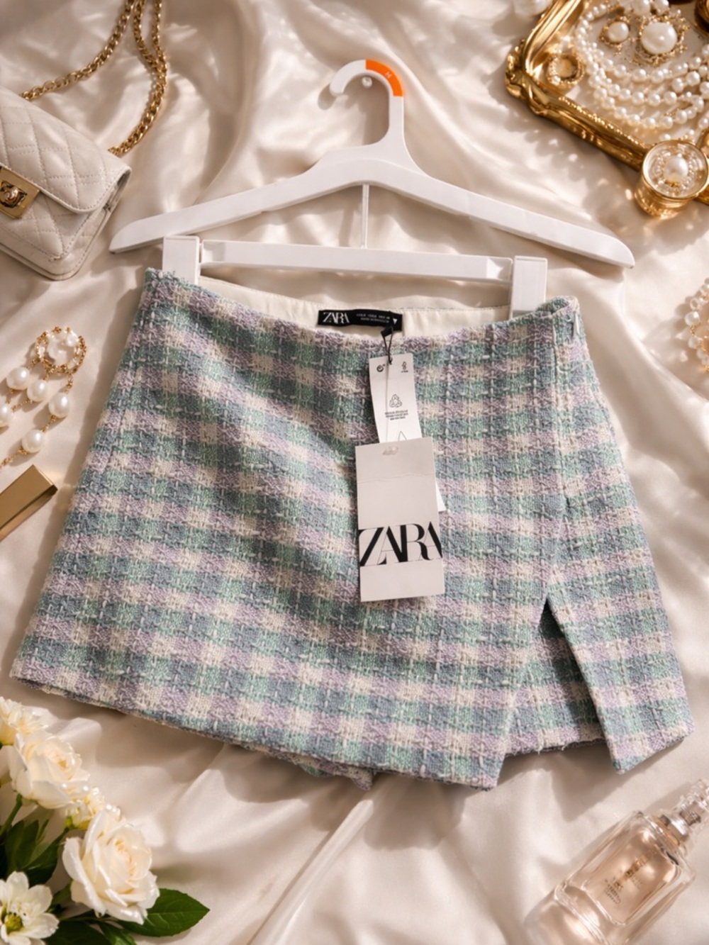 ZARA Mint and Lilac Plaid Tweed Mini Skirt